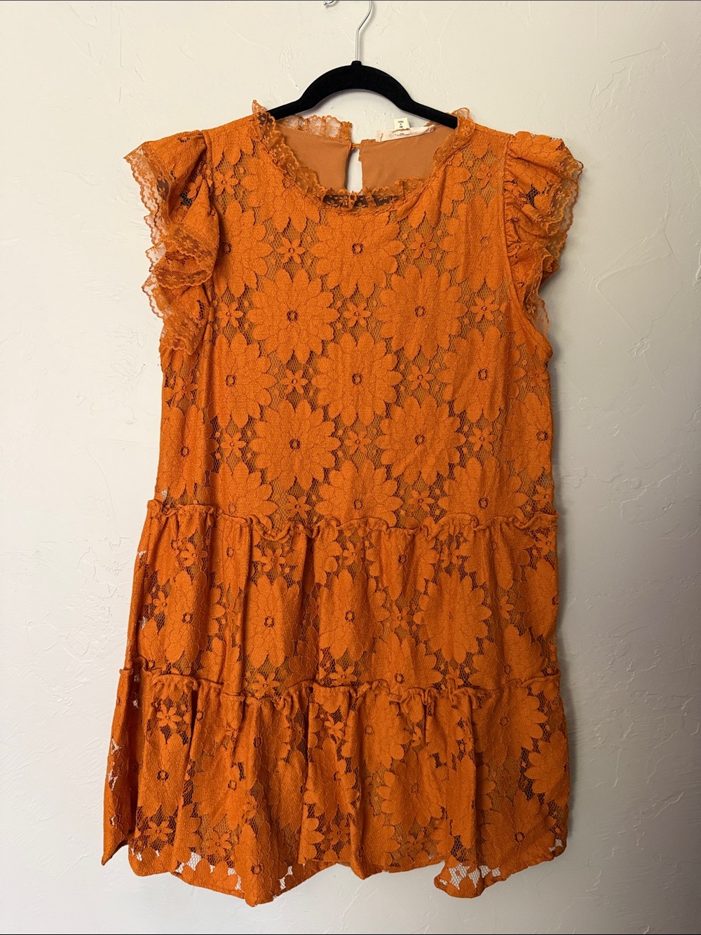 Lace Tiered Mini Dress in dusty/ rusty Orange color